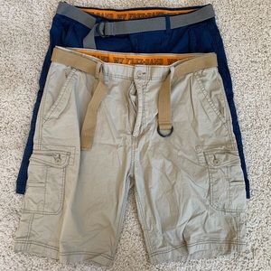 Two Wear First Beige Navy Blue Cargo Shorts Elastic Band & Slip Belt Dadcore